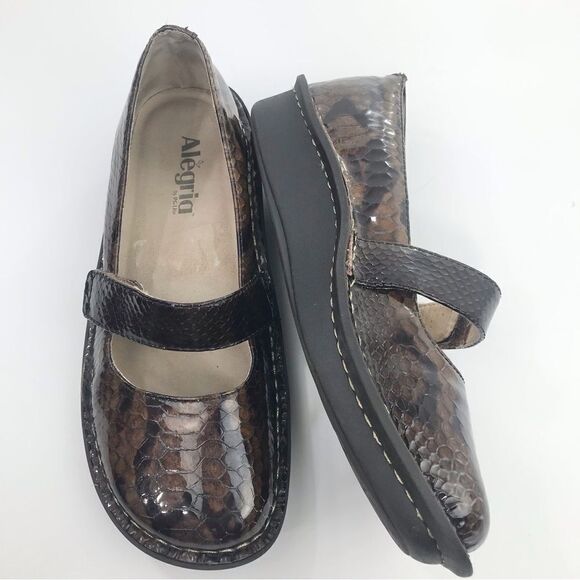 Alegria FELIZ 713 Brown Patent Leather Snakeskin Print Mary Jane Support Shoes - Picture 4 of 16